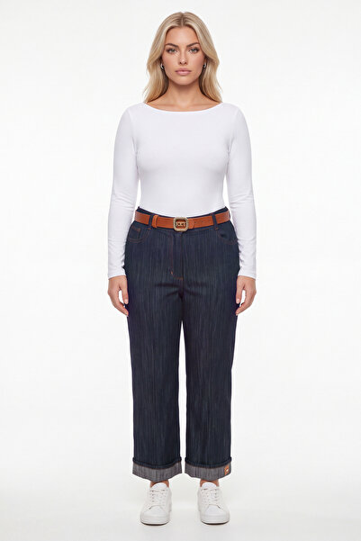 EXİTLİNE Women's Navy Blue Seasonal High Waist Belted Denim Trousers with Det...