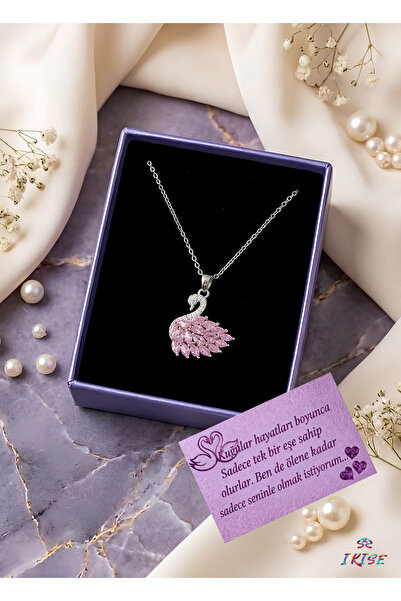 ikisemedya Hediye Kutulu Kadın Pembe Kuğulu Pink Swan Taşlı Gümüş Kaplama Kol...