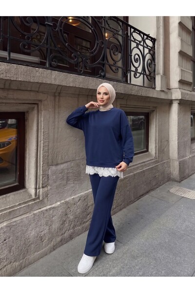 Trend Paris Dantel Detaylı Rahat Kesim İkili Spor Takım Lacivert