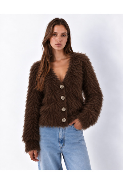 Nimas Women's V-Neck Soft Textured Fuzzy Knitwear Cardigan
