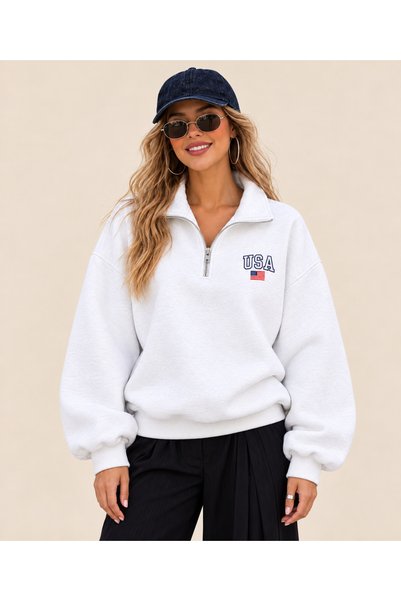 FAVORİST USA Baskılı Kadın Dik Yaka Yarım Pat Fermuarlı Oversize Sweatshirt