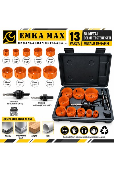 Beyhekim Hırdavat Emka Max 13 Parça Bi-Metal Delme Testere Seti 19-64 mm Panç Delik Açma Seti