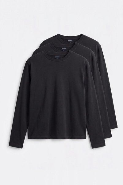 GIESTO 3'lü Uzun Kol Regular Fit Siyah T-Shirt