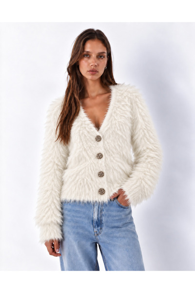 Nimas Women's V-Neck Soft Textured Fuzzy Knitwear Cardigan