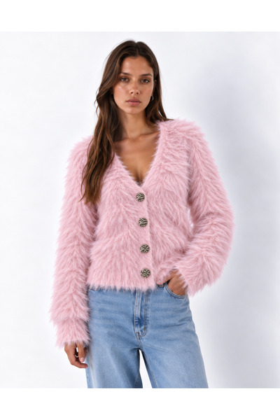 Nimas Women's V-Neck Soft Textured Fuzzy Knitwear Cardigan