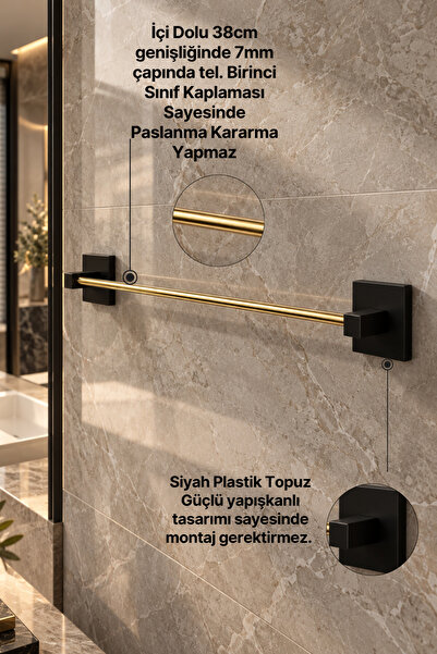 mba decor metal bending art Yapışkanlı Uzun Havluluk, Gold Siyah, 38 cm Metal Çubuk, 7 mm İçi Dolu Tel