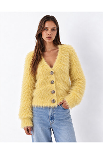 Nimas Women's V-Neck Soft Textured Fuzzy Knitwear Cardigan