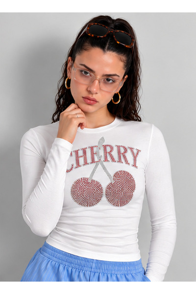 NİCE Women's Crew Neck Long Sleeve T-Shirt Cherry Stone Printed