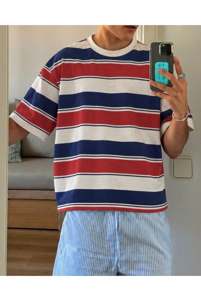 Touz Moda Oversize Red Blue White Striped Crew Neck Unisex T-Shirt