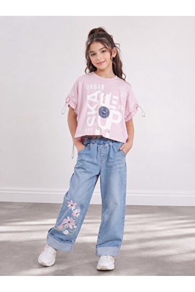Flamingo Girls' Pink Short T-Shirt and Floral Wide-Leg Jeans Set