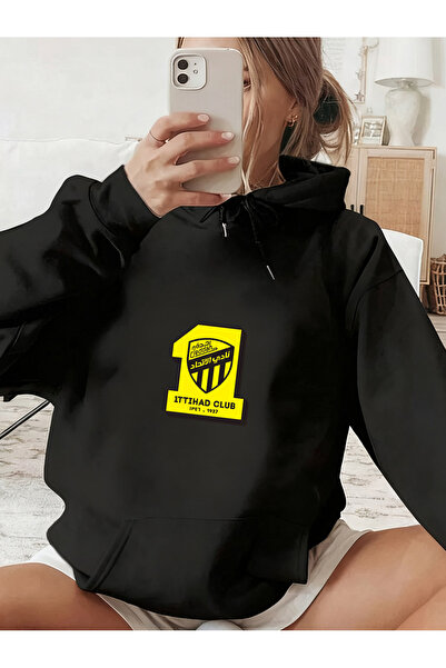 MUZİ Vintage Al‑Ittihad Jeddah Club Logo 280g Hoodie Casual Daily Pullover Ho...
