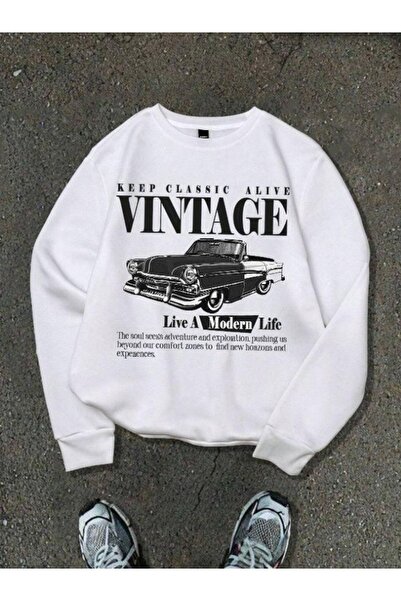 Vordevia Vintage Printed Cotton 3 Thread Threaded Crew Neck Oversize Sweatshirt