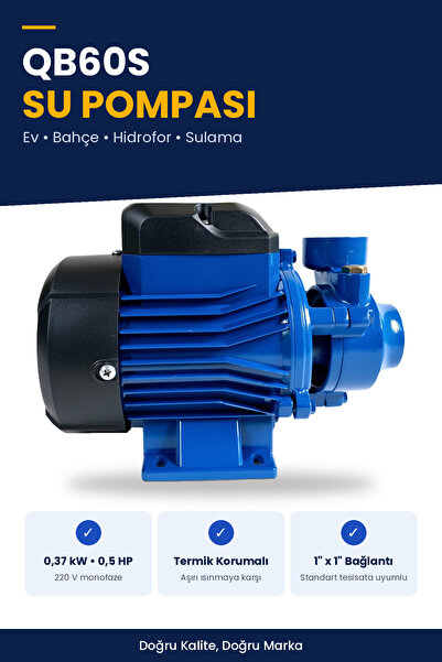 QB60S 0,5 HP Periferik Su Pompası 220V 1" Termik Korumalı Hidrofor ve Bahçe Sulama Pompası