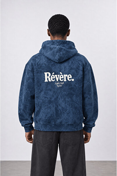 Respire Erkek Revere Nakışlı Yıkamalı Oversize Hoodie Lacivert