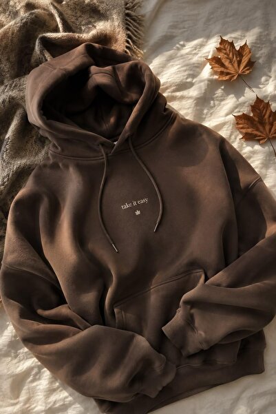 Vordevia Hanorac oversize din bumbac cu imprimeu minimalist Take It Easy, cu ...