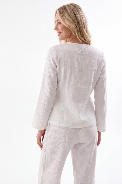 NBB Women's Ecru 100% Cotton Muslin Fabric, 3-Piece Pajama Set, Pocket Detail