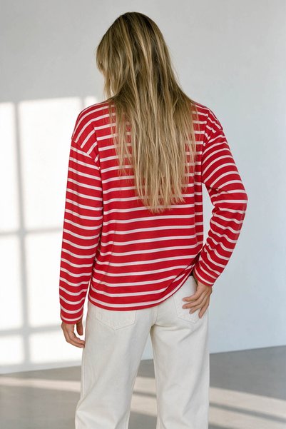 Sue Store Red Ecru Striped Oversize Long Sleeve Blouse