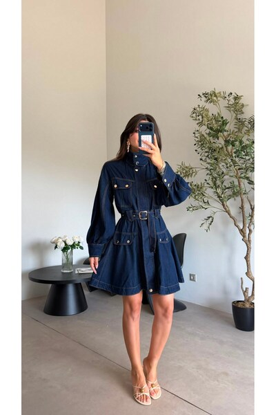 Bade Butik Lacivert Gold Düğmeli Denim Elbise