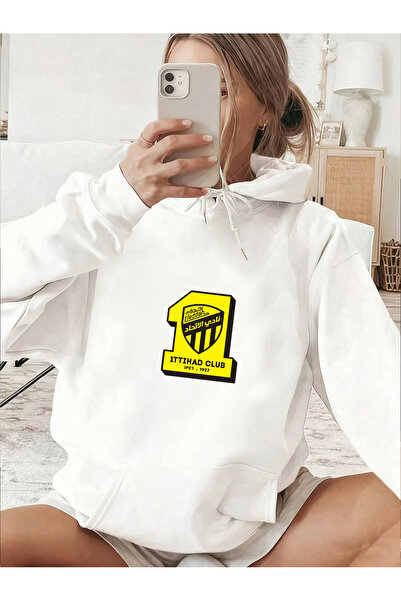 MUZİ Vintage Al‑Ittihad Jeddah Club Logo 280g Hoodie Casual Daily Pullover Ho...