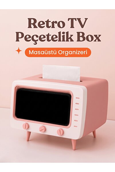 Retro TV Görünümlü Peçete Kutusu Telefon Tutucu