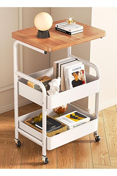 Generic 3 Tier Rolling Cart with Wooden Tabletop,Metal Rolling Utility Cart, ...