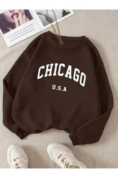 Vordevia Chicago Printed Cotton 3 Thread Threaded Crew Neck Oversize Sweatshirt