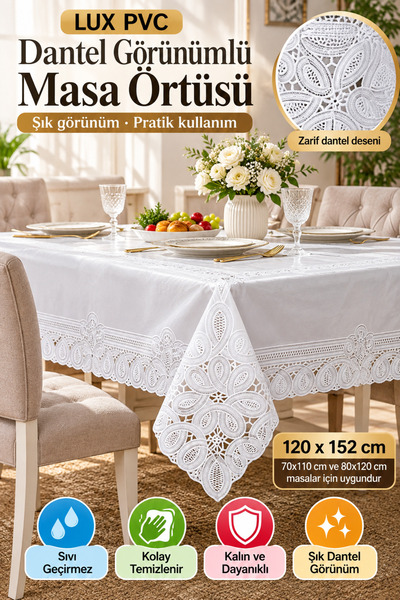OpenCity Λευκό 120x152 εκ. Δαντελένιο τραπεζομάντιλο PVC με υφή δαντέλας, αδι...