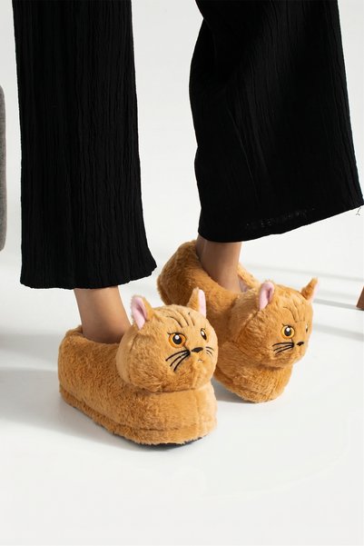 Moda Devrin Taba Hayvanlı Sessiz Taban Panduf Sevimli Kedi Figürlü Peluş Ev Ayakkabısı