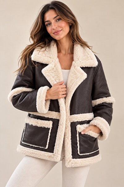ayriss Women's Brown Fur-Lined Leather Winter Coat with Fur Collar and Pockets