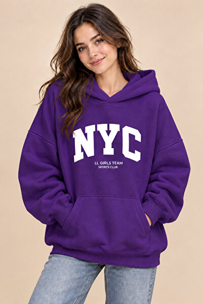 FAVORİST Women's Nyc Printed 3-String Hooded Sweatshirt 100% Cotton