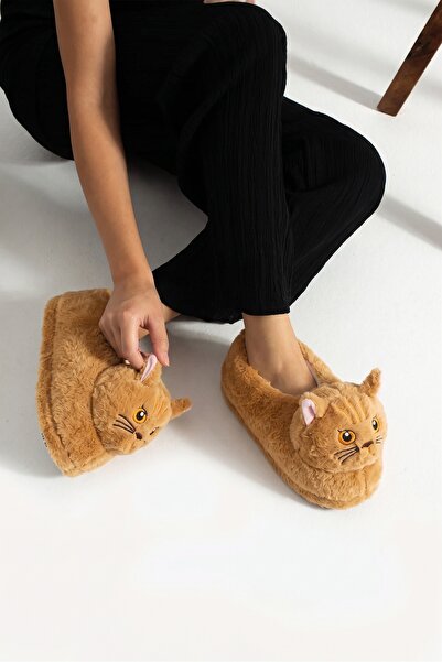 Moda Devrin Taba Hayvanlı Sessiz Taban Panduf Sevimli Kedi Figürlü Peluş Ev A...
