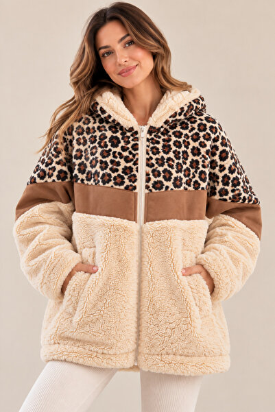 ayriss Women's Hooded Leopard Patterned Zippered Warm Plush Jacket with Fur L...