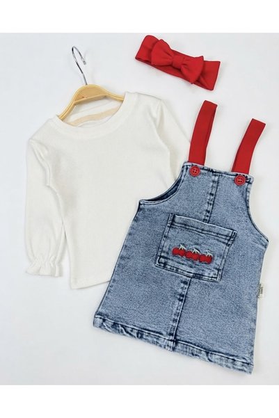 Asila Baby Elastic Strap Cherry Printed Lycra Denim Dress, Badi and Bandana 3-Piece Baby Girl Set