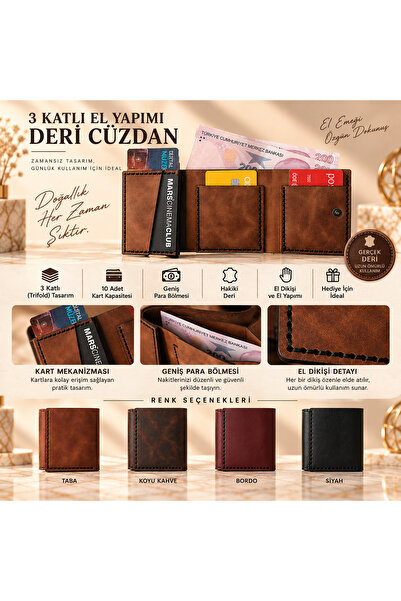 Felora Leather Felora Hakiki Deri Erkek Cüzdanı 3 Katlı Trifold El Yapımı El ...
