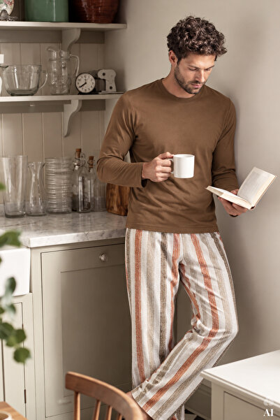 koza iç giyim Men's Cotton Striped Patterned Long Sleeve Pocketed Pajama Set