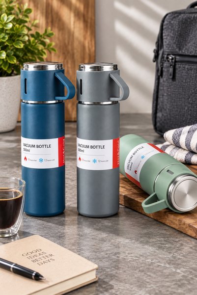 Lipra Paslanmaz Çelik Bardaklı Termos Seti 500 ml 3 Bardaklı 304 Çelik 12 Saa...