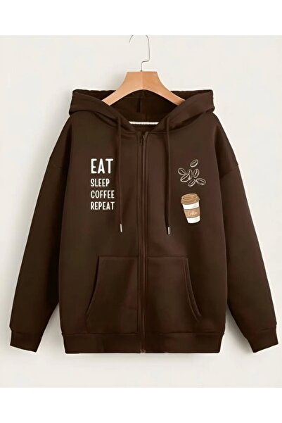 Vordevia Eat Sleep Coffee Repeat Printed 3 Thread Zippered Cardigan with Ribb...