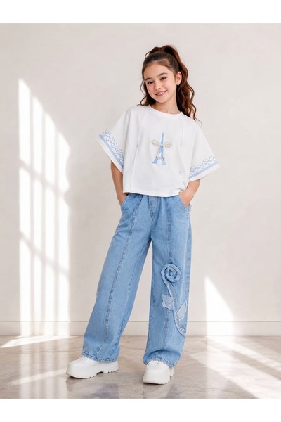 Flamingo Girls' Set with White Cropped T-Shirt and Flared Jeans Decorated wit...