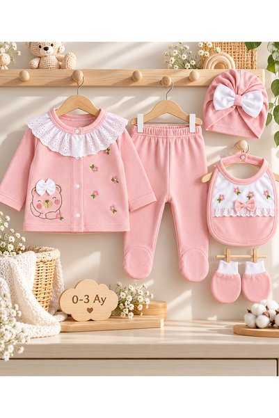 BYS BABY FASHION 5 Piece 100% Cotton Floral Embroidered Scalloped Newborn Baby Girl Hospital Discharge Bodysuit Set Gift