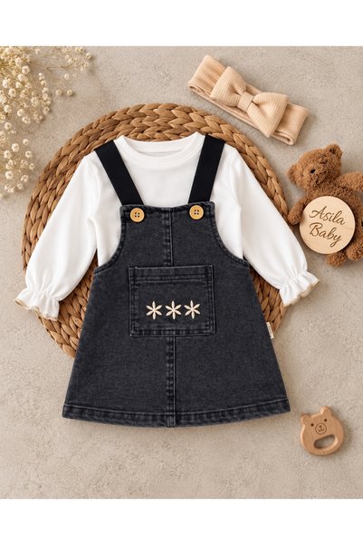 Asila Baby Elastic Strap Cherry Printed Lycra Denim Dress, Badi and Bandana 3...