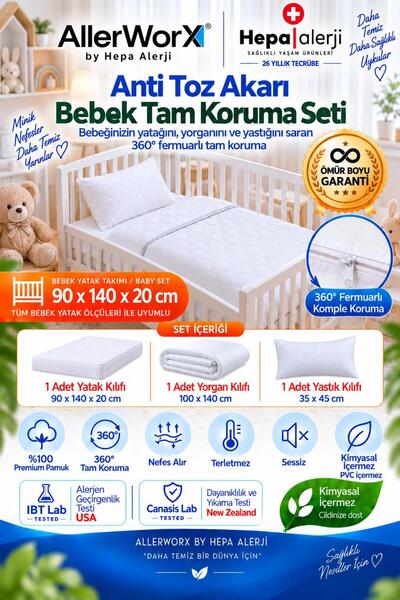 Anti Alerjik Anti Akar Bebek Tam Koruma Seti 90x140x20 cm Yatak Yorgan Yastık Kılıflı %100 Pamuk Ömür Boyu Garantili