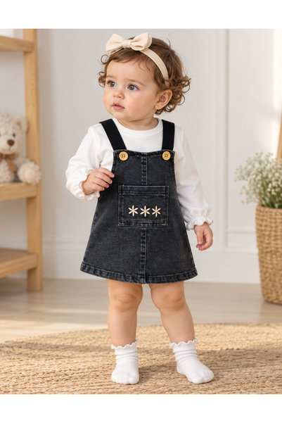 Asila Baby Elastic Strap Cherry Printed Lycra Denim Dress, Badi and Bandana 3-Piece Baby Girl Set