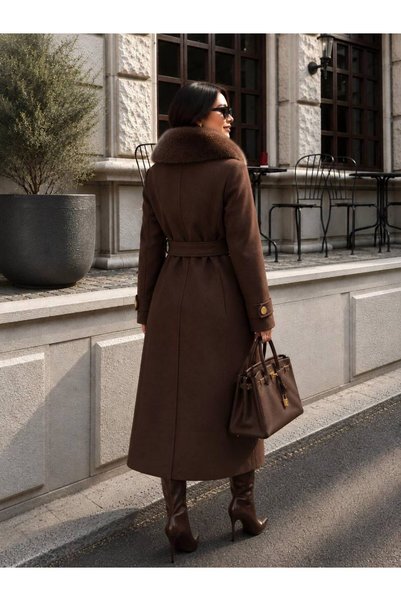 EMMAS CLOTHİNG Fur Collar Detailed Belted Long Cashmere Coat