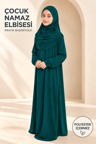 TRMODA Kız Çocuk Namaz Elbisesi Tek Parça Kendinden Başörtülü Organik Viskon
