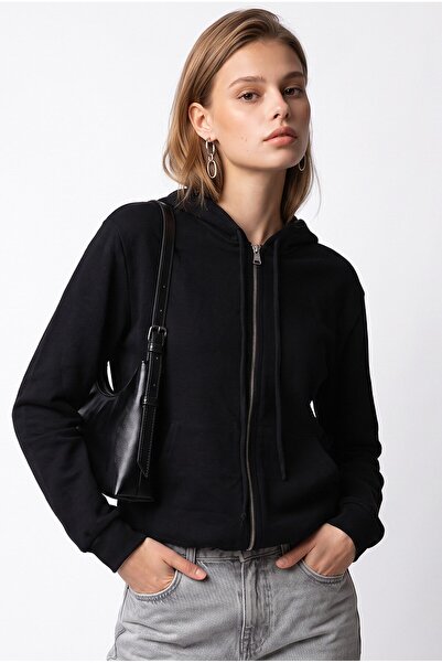 Mixray 7076 Women's Hooded Zippered Soft Textured Knitwear Cardigan Black