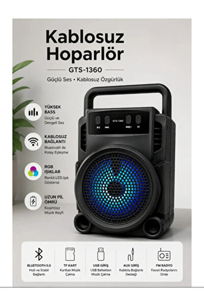 zerzembe GTS-1360 Bluetooth Hoparlör Kablosuz Taşınabilir Speaker | Extra Bass | Rgb LED Işıklı | Usb/tf Kart/aux Destekli | Fm Radyo |