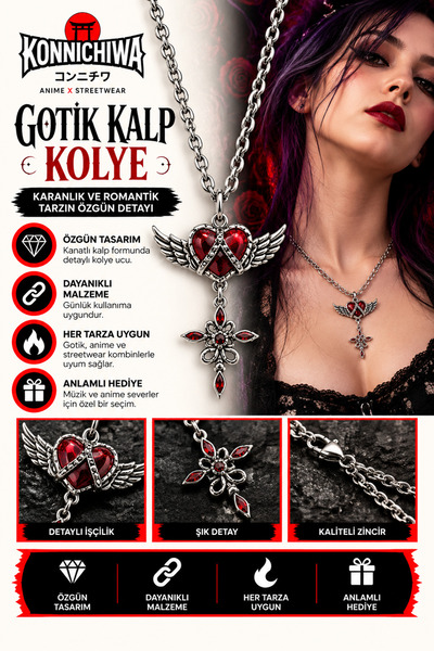 FG KONNİCHİWA Gothic Winged Heart Pendant – Gothic Pendant with Red Stone App...