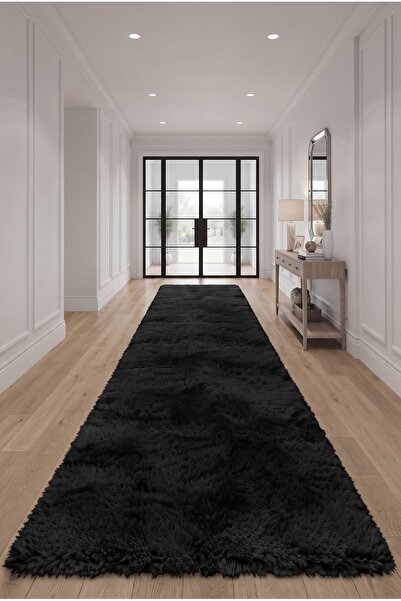 SOFT DECOR Siyah Kaymaz Taban Peluş Kesme Yolluk Tozumaz Yumuşak Dokulu Antib...