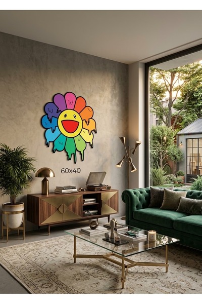Rengârenk Gülen Çiçek Pop-Art Özel Tasarım Epoksi Kaplama Ahşap Duvar Tablosu – 85x60 cm Cam Efektli Modern Duvar Dekoru