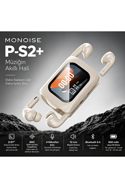 Monoise P-S2/P-S2+ Akıllı Dokunmatik Ekranlı ANC Bluetooth Kulaklık Krem